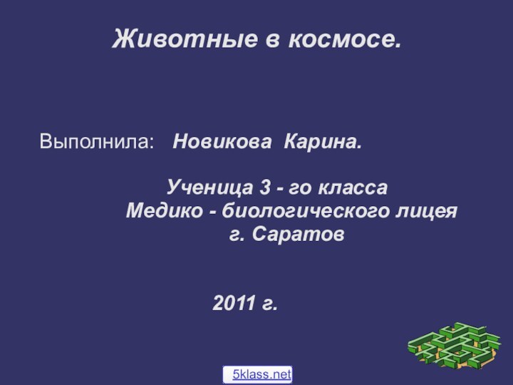 Животные в космосе.Выполнила:  Новикова Карина.