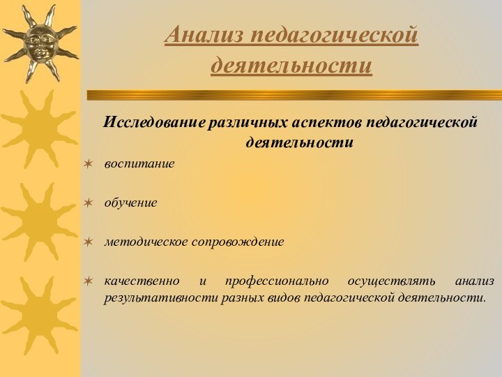 Анализ педагогической деятельностиИсследование различных аспектов педагогической деятельностивоспитание обучение методическое сопровождение качественно и