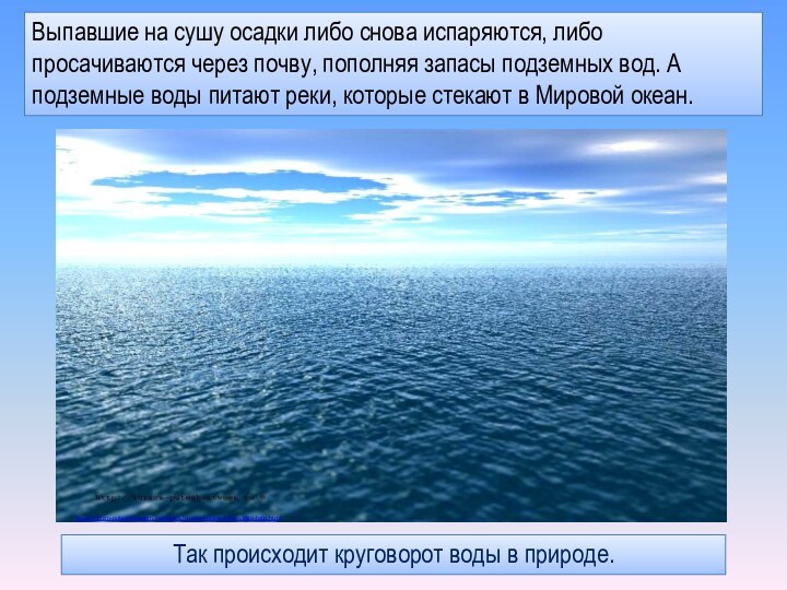 Выпавшие на сушу осадки либо снова испаряются, либо просачиваются через почву, пополняя