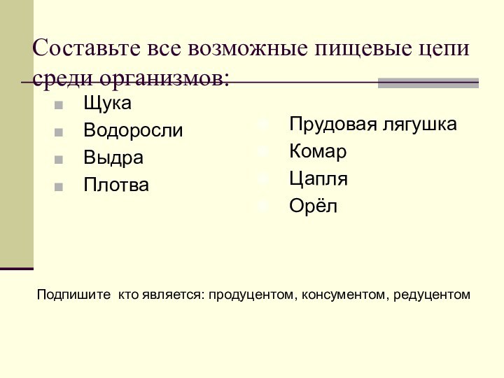 Составьте все возможные пищевые цепи среди организмов: ЩукаВодоросли ВыдраПлотваПрудовая лягушка Комар ЦапляОрёл