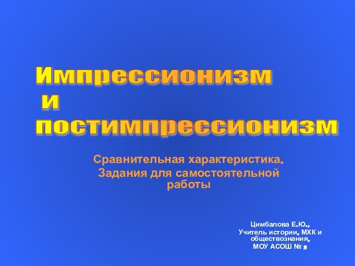 Цимбалова Е.Ю.,Учитель истории, МХК и обществознания,МОУ АСОШ № 2Импрессионизм   и