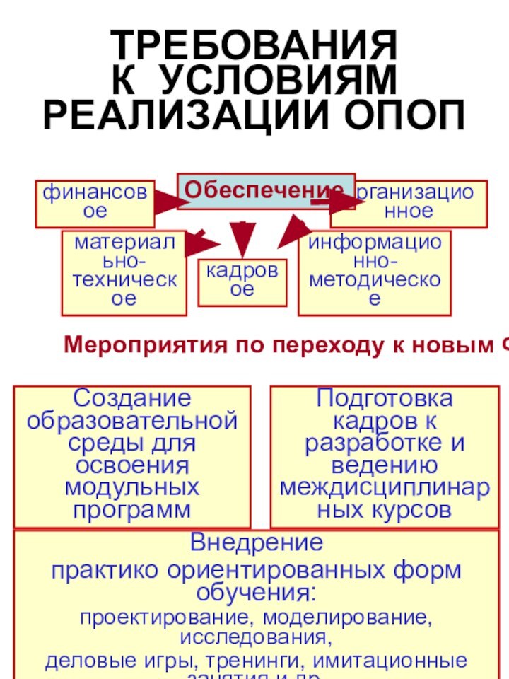 ТРЕБОВАНИЯ К УСЛОВИЯМ РЕАЛИЗАЦИИ ОПОПВнедрение практико ориентированных форм обучения: проектирование, моделирование, исследования,деловые