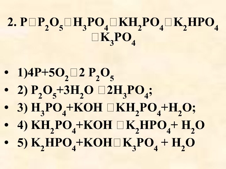 2. PP2O5H3PO4KH2PO4K2HPO4 K3PO41)4P+5O22 P2O5 2) P2O5+3H2O 2H3PO4;3) H3PO4+KOH KH2PO4+H2O; 4) KH2PO4+KOH K2HPO4+ H2O5) K2HPO4+KOHK3PO4 + H2O