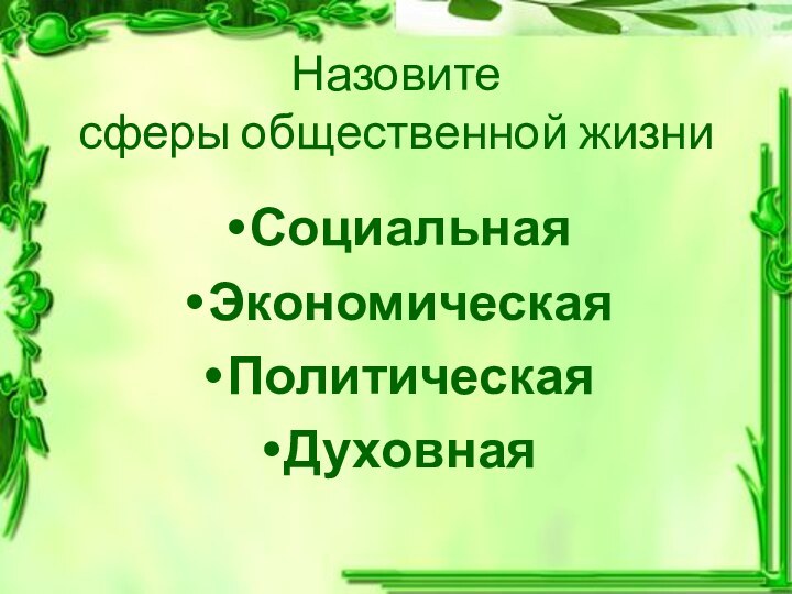 Назовите  сферы общественной жизниСоциальная ЭкономическаяПолитическаяДуховная