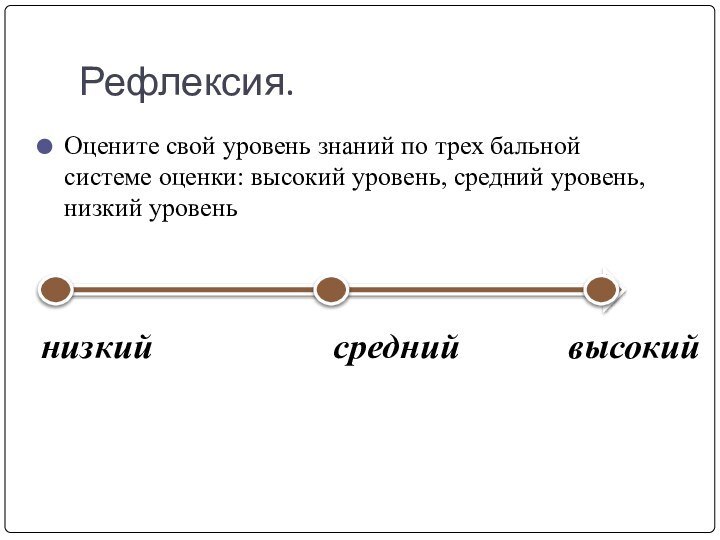 Рефлексия.Оцените свой уровень знаний по трех бальной системе оценки: высокий уровень, средний