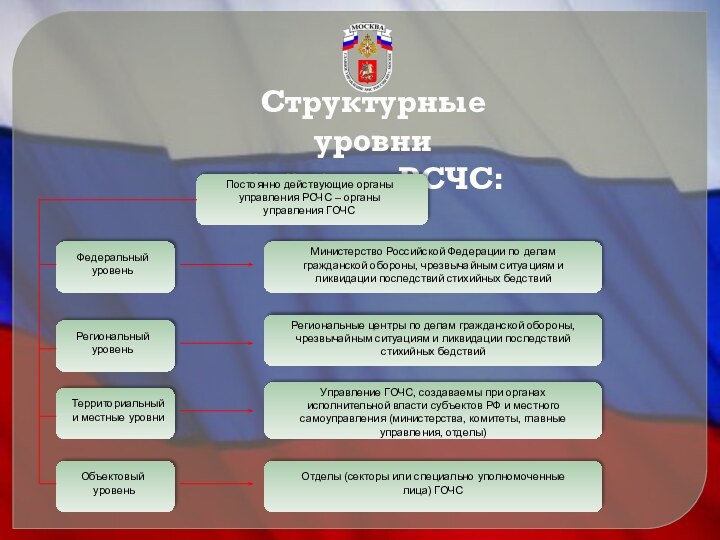 Структурные уровни системы РСЧС:Постоянно действующие органы управления РСЧС – органы управления ГОЧСФедеральный