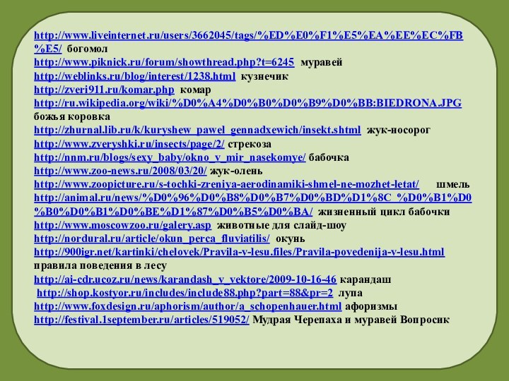 http://www.liveinternet.ru/users/3662045/tags/%ED%E0%F1%E5%EA%EE%EC%FB%E5/ богомолhttp://www.piknick.ru/forum/showthread.php?t=6245 муравей http://weblinks.ru/blog/interest/1238.html кузнечикhttp://zveri911.ru/komar.php комарhttp://ru.wikipedia.org/wiki/%D0%A4%D0%B0%D0%B9%D0%BB:BIEDRONA.JPG божья коровкаhttp://zhurnal.lib.ru/k/kuryshew_pawel_gennadxewich/insekt.shtml жук-носорогhttp://www.zveryshki.ru/insects/page/2/ стрекоза	http://nnm.ru/blogs/sexy_baby/okno_v_mir_nasekomye/ бабочкаhttp://www.zoo-news.ru/2008/03/20/ жук-олень