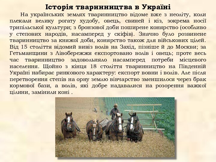 Історія тваринництва в Україні	На українських землях тваринництво відоме вже з неоліту, коли