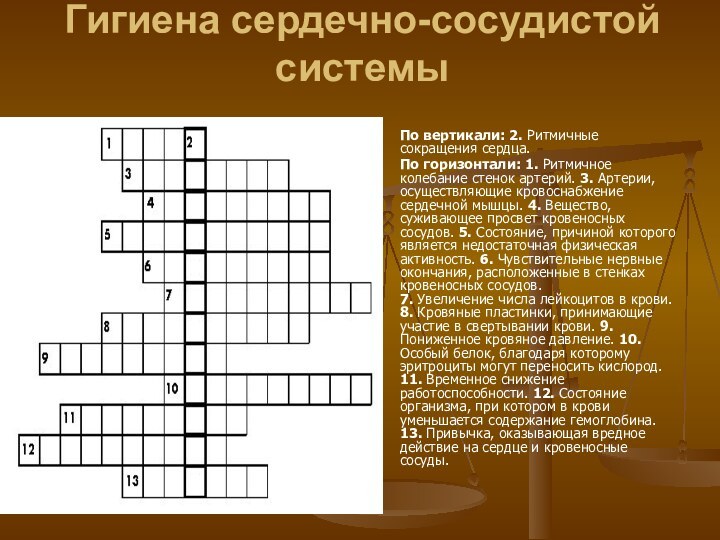 Гигиена сердечно-сосудистой системы По вертикали: 2. Ритмичные сокращения сердца.По горизонтали: 1. Ритмичное