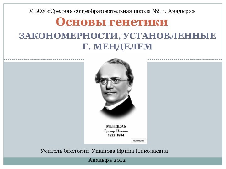 Закономерности, установленные Г. МенделемОсновы генетикиМБОУ «Средняя общеобразовательная школа №1 г. Анадыря»Анадырь 2012Учитель биологии Ушанова Ирина Николаевна