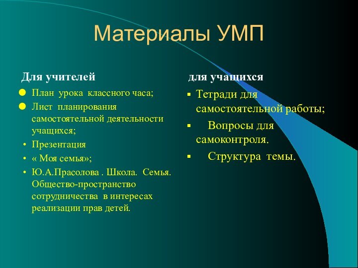 Материалы УМПДля учителейПлан урока классного часа;Лист планирования самостоятельной деятельности учащихся;Презентация « Моя