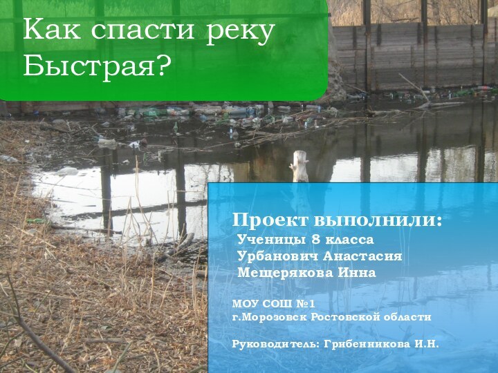 Как спасти реку Быстрая?Проект выполнили:	Ученицы 8 класса 	Урбанович Анастасия	Мещерякова ИннаМОУ СОШ №1