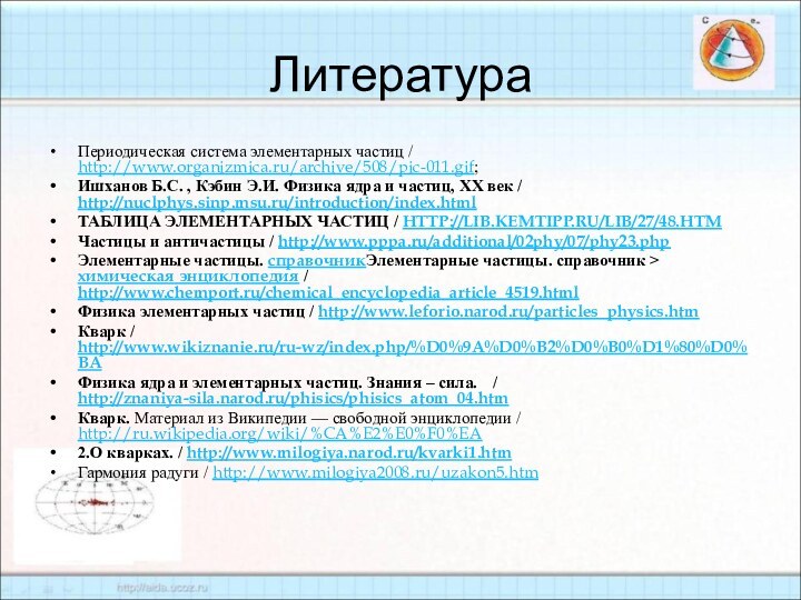 ЛитератураПериодическая система элементарных частиц / http://www.organizmica.ru/archive/508/pic-011.gif;Ишханов Б.С. , Кэбин Э.И. Физика ядра