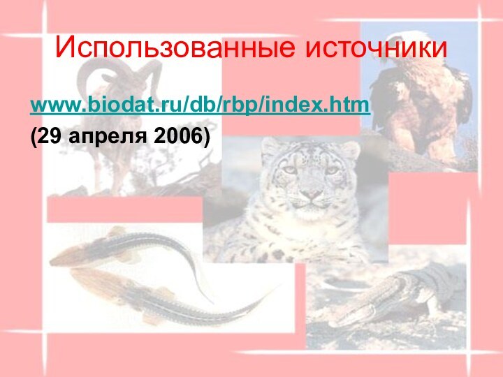 Использованные источникиwww.biodat.ru/db/rbp/index.htm (29 апреля 2006)