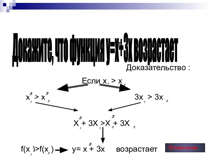 Доказательство : Если х > xДокажите, что функция y=x+3x возрастает х >