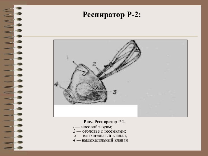 Респиратор Р-2: Рис.. Респиратор Р-2:/ — носовой зажим; 2 — оголовье