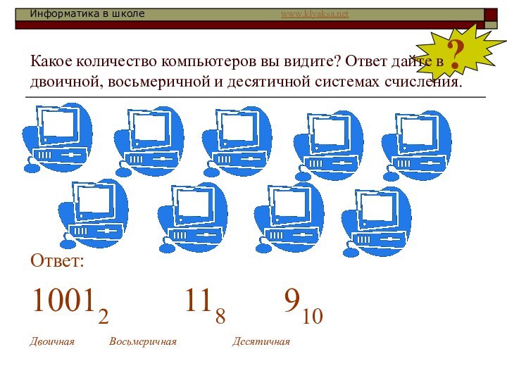 ?Какое количество компьютеров вы видите? Ответ дайте в двоичной, восьмеричной и десятичной системах счисления.Ответ:10012			118			910Двоичная		 Восьмеричная 			Десятичная