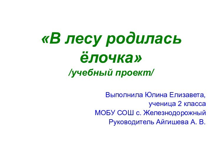 «В лесу родилась ёлочка» /учебный проект/Выполнила Юлина Елизавета,ученица 2 классаМОБУ СОШ с.