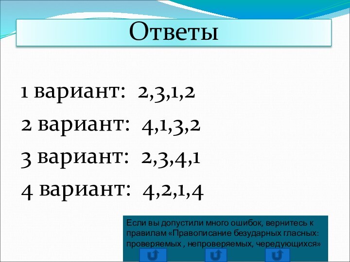 Ответы1 вариант: 2,3,1,2 2 вариант: 4,1,3,23 вариант: 2,3,4,14 вариант: 4,2,1,4Если вы допустили