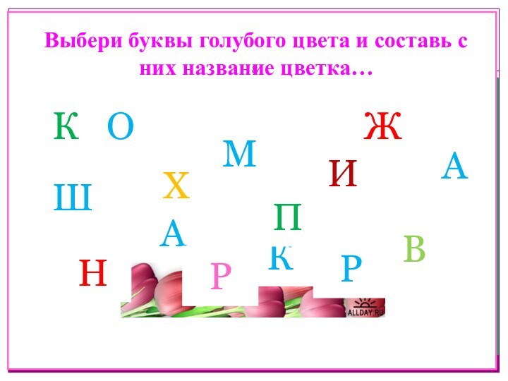 Выбери буквы голубого цвета и составь с них название цветка…РААМОКЖШРПНИХВК