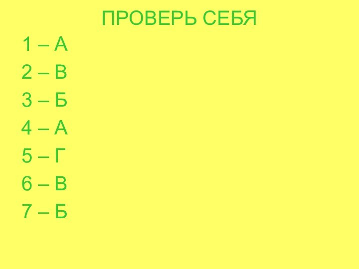 ПРОВЕРЬ СЕБЯ1 – А2 – В3 – Б4 – А5 – Г6