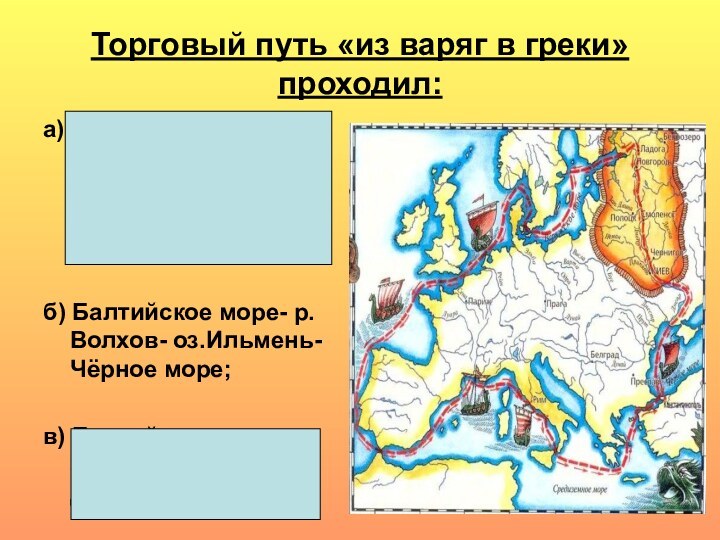 Торговый путь «из варяг в греки» проходил:а) Белое море- р.Северная Двина- р.Сухона-