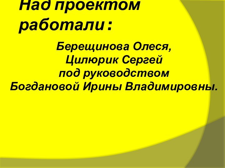 Над проектом работали :Берещинова Олеся,Цилюрик Сергейпод руководством Богдановой Ирины Владимировны.