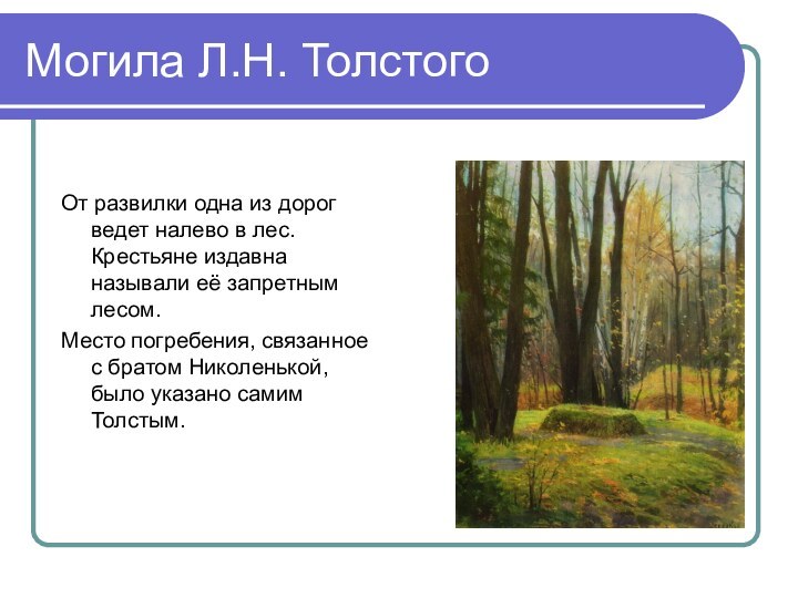 Могила Л.Н. ТолстогоОт развилки одна из дорог ведет налево в лес. Крестьяне