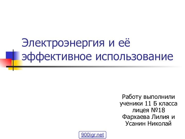 Электроэнергия и её эффективное использование Работу выполнили ученики 11 Б класса лицея