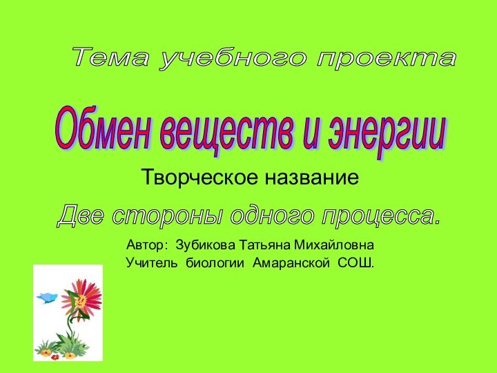 .Творческое названиеАвтор: Зубикова Татьяна МихайловнаУчитель биологии Амаранской СОШ.Обмен веществ и энергии Тема