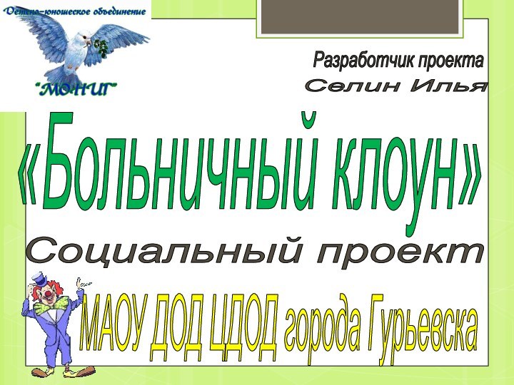 «Больничный клоун»МАОУ ДОД ЦДОД города ГурьевскаСоциальный проектРазработчик проектаСелин Илья