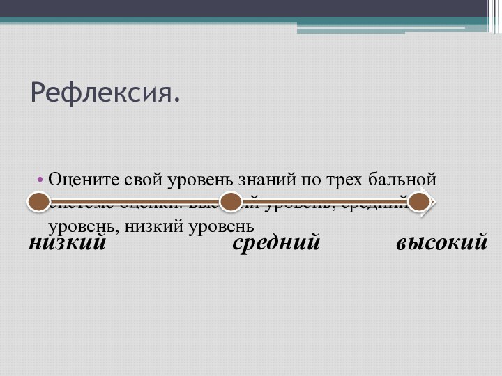 Рефлексия.Оцените свой уровень знаний по трех бальной системе оценки: высокий уровень, средний