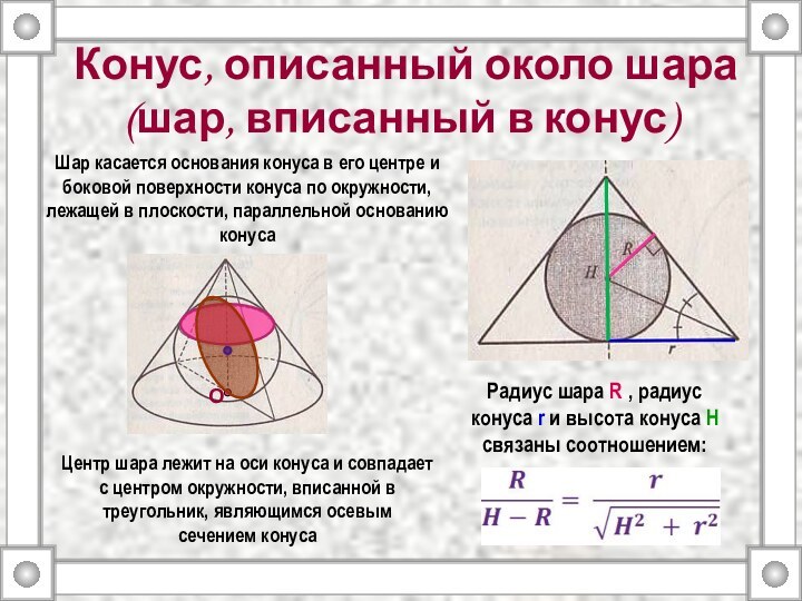 Конус, описанный около шара (шар, вписанный в конус)ОШар касается основания конуса в