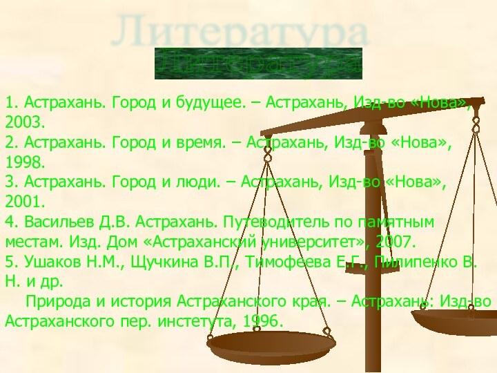 Литература 1. Астрахань. Город и будущее. – Астрахань, Изд-во «Нова», 2003.2. Астрахань.