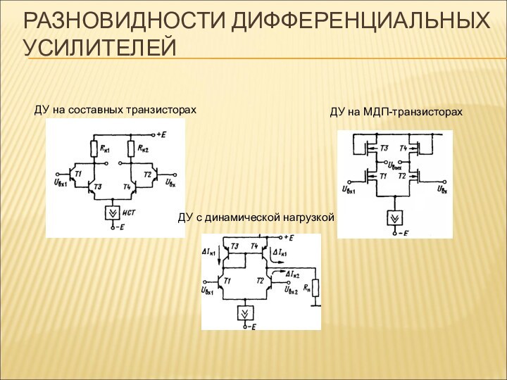 РАЗНОВИДНОСТИ ДИФФЕРЕНЦИАЛЬНЫХ УСИЛИТЕЛЕЙДУ на составных транзисторах ДУ на МДП-транзисторах ДУ с динамической нагрузкой