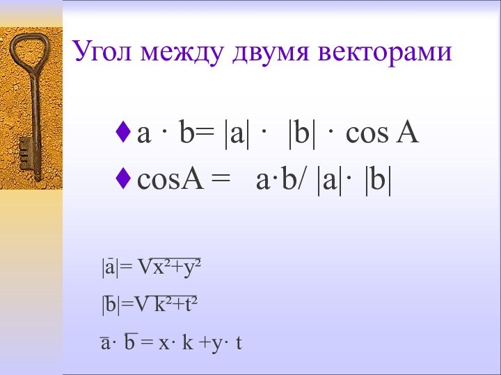 Угол между двумя векторамиa · b= |a| · |b| · cos AcosA