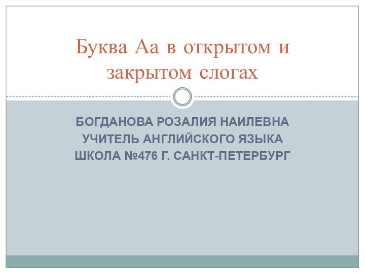 Богданова Розалия НаилевнаУчитель английского языкаШкола №476 г. Санкт-ПетербургБуква Аа в открытом и закрытом слогах