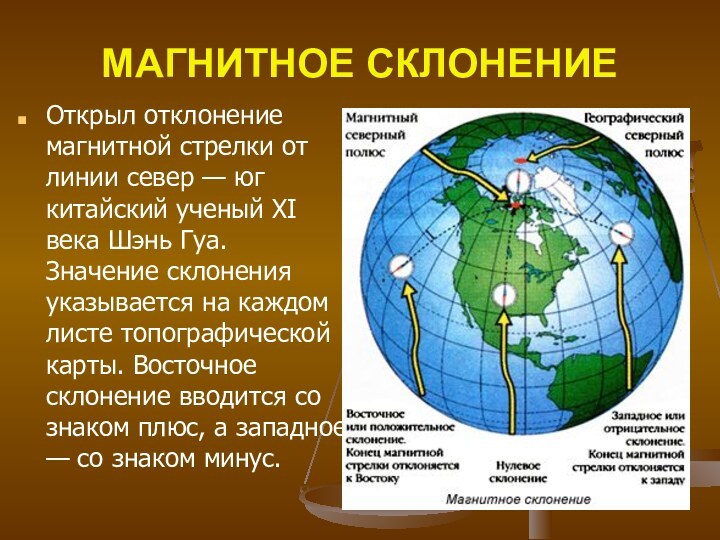 МАГНИТНОЕ СКЛОНЕНИЕОткрыл отклонение магнитной стрелки от линии север — юг китайский ученый