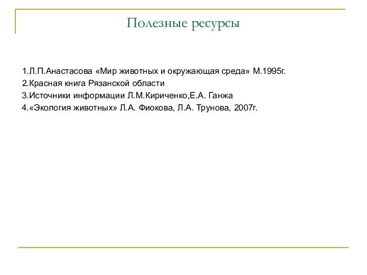 Полезные ресурсы1.Л.П.Анастасова «Мир животных и окружающая среда» М.1995г.2.Красная книга Рязанской области3.Источники информации