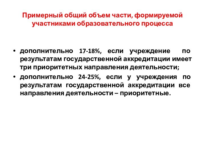 Примерный общий объем части, формируемой участниками образовательного процессадополнительно 17-18%, если учреждение по