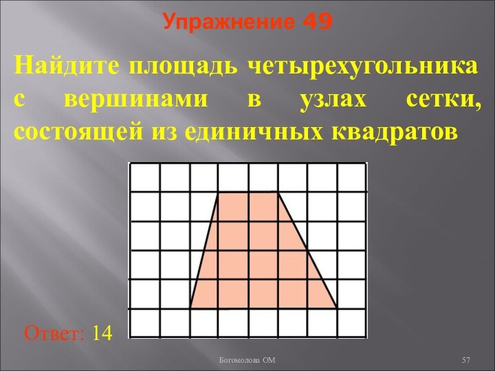 Упражнение 49Найдите площадь четырехугольника с вершинами в узлах сетки, состоящей из единичных квадратовОтвет: 14 Богомолова ОМ