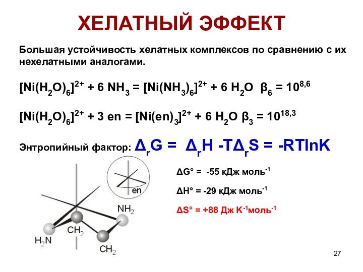 ХЕЛАТНЫЙ ЭФФЕКТ Большая устойчивость хелатных комплексов по сравнению с их нехелатными аналогами.[Ni(H2O)6]2+