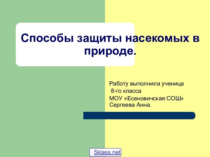 Способы защиты насекомых в природе.Работу выполнила ученица 8-го класса МОУ «Есеновичская СОШ» Сергеева Анна.