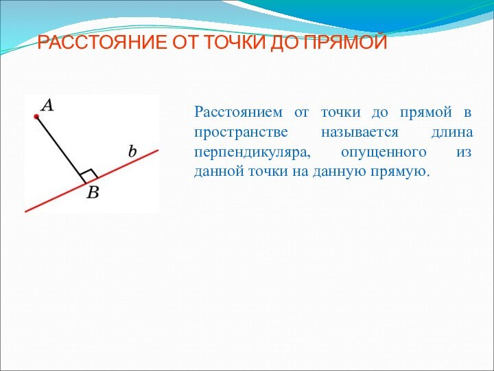 РАССТОЯНИЕ ОТ ТОЧКИ ДО ПРЯМОЙРасстоянием от точки до прямой в пространстве называется