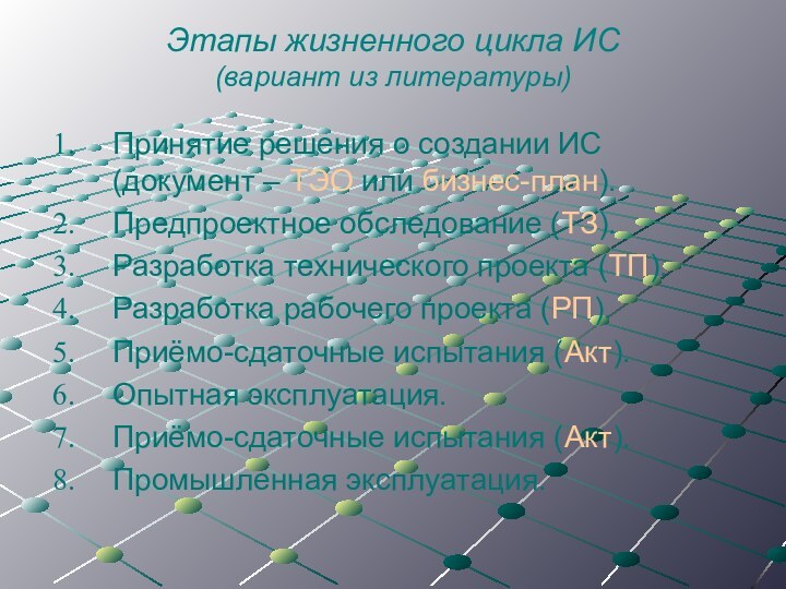 Этапы жизненного цикла ИС (вариант из литературы)Принятие решения о создании ИС (документ