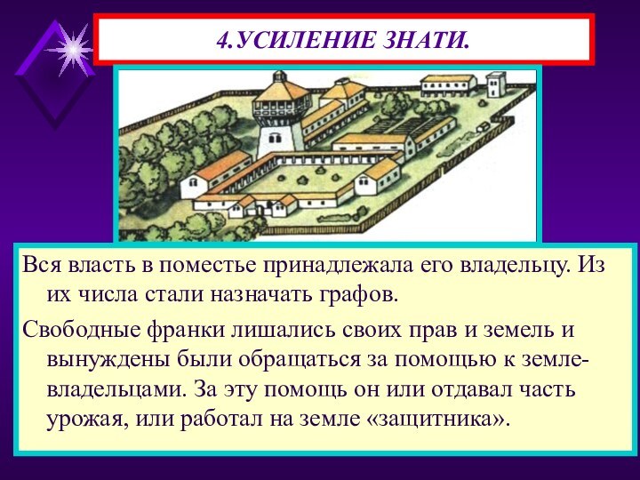 4.УСИЛЕНИЕ ЗНАТИ.Вся власть в поместье принадлежала его владельцу. Из их числа стали