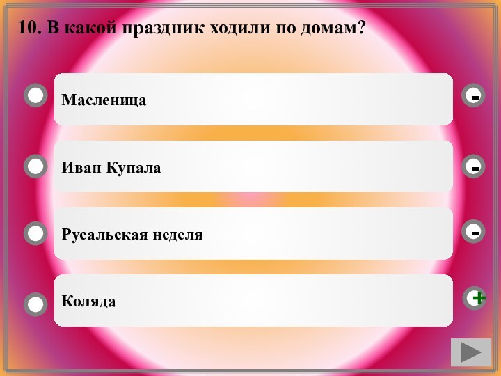 10. В какой праздник ходили по домам?МасленицаИван КупалаРусальская неделяКоляда--+-