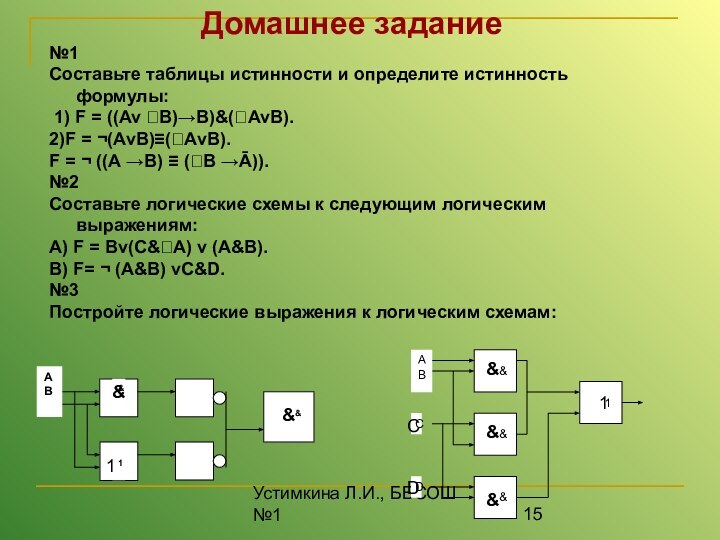 Устимкина Л.И., ББСОШ №1Домашнее задание№1Составьте таблицы истинности и определите истинность формулы: 1)