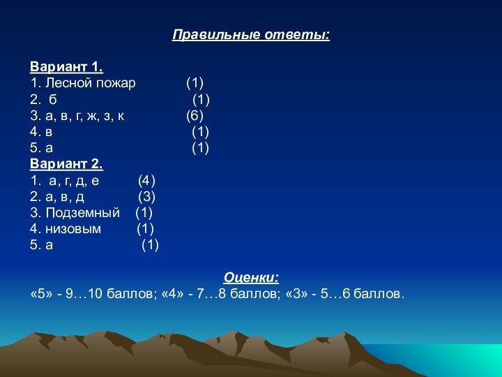 Правильные ответы: Вариант 1.1. Лесной пожар