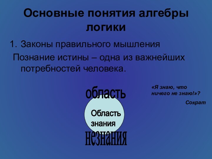 Основные понятия алгебры логикиЗаконы правильного мышленияПознание истины – одна из важнейших потребностей